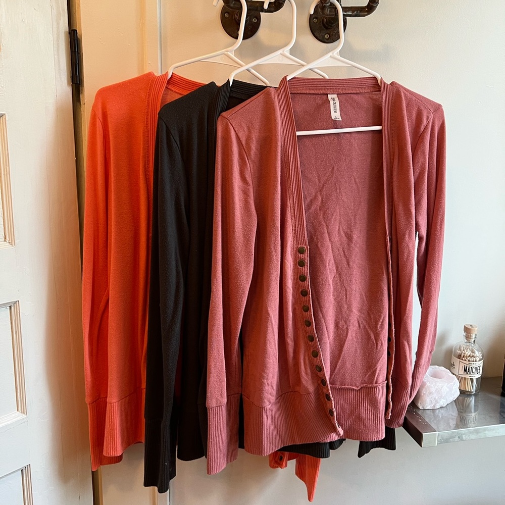 3 cardigans—rose, gray, coral